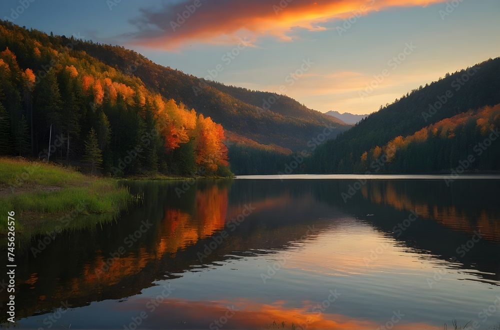 Nature’s Palette: The Serene Beauty of Fall Colors Mirrored on Calm Waters, generative AI