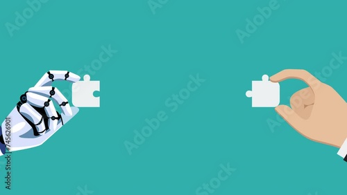 Businessman and AI robot hand connect jigsaw puzzle together. Human and AI Artificial Intelligence working together. 4k video animated