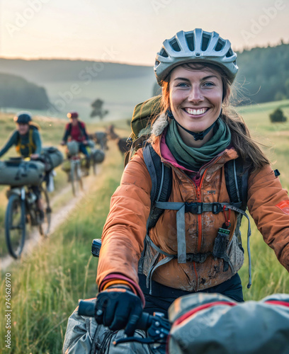 Smiling Female Cyclist with Friends on Scenic Rural Bike Tour at Sunset 