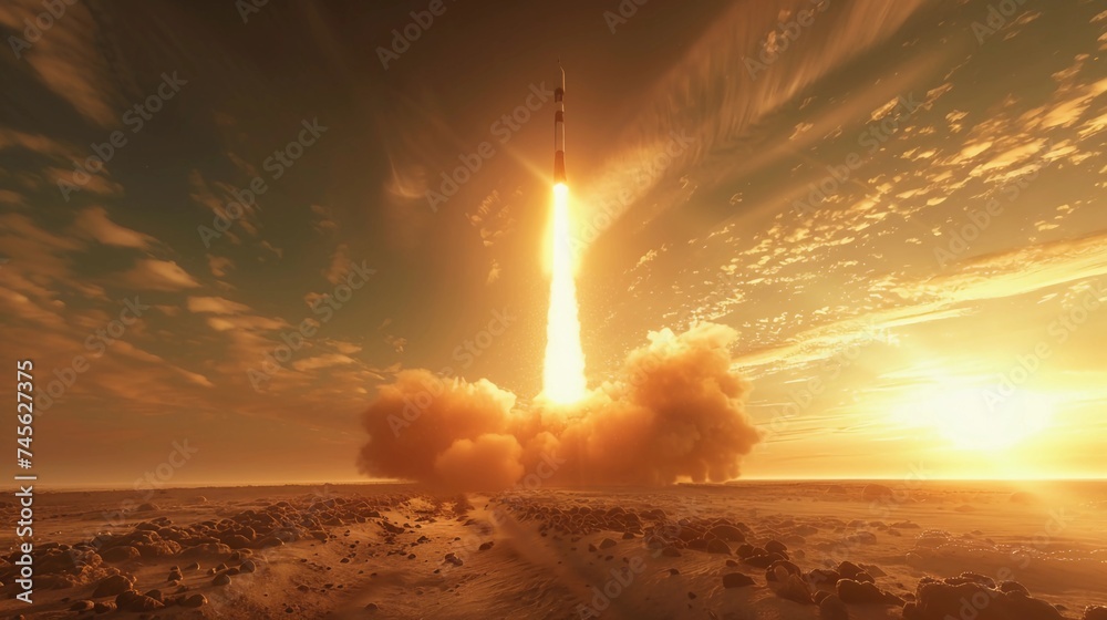 Majestic Rocket Launch At Sunset With Dramatic Clouds. The Spirit Of Exploration And Adventure In Space Travel. International Day of Human Space Flight. AI Generated - obrazy, fototapety, plakaty 