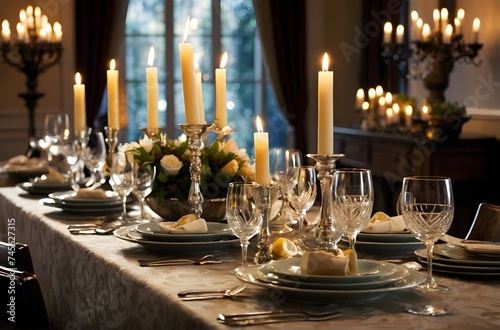 An Evening of Elegance: A Luxurious Dining Setting Illuminated by Candlelight and Adorned with Sophisticated Floral Arrangements, generative AI