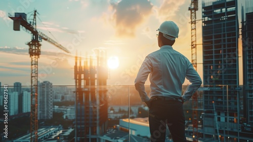 Engineer with safety helmet on construction site background at sunset thinking about his plans