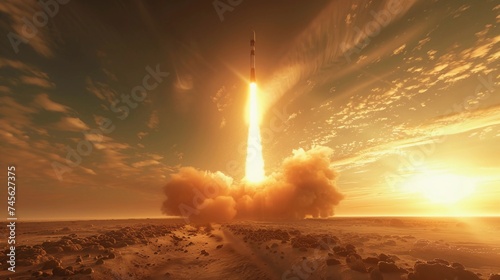 Majestic Rocket Launch At Sunset With Dramatic Clouds. The Spirit Of Exploration And Adventure In Space Travel. International Day of Human Space Flight. AI Generated