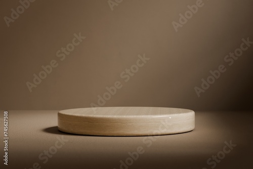3d rendering beige Wooden round product display podium background. abstract background for cosmetic advertising sale product. Organic cosmetic and food concept. 3d rendering.