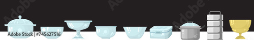 Kitchenware,  glassware dish or shelves at kitchen with Wine glass and cup, teapot. Kitchenware and utensil