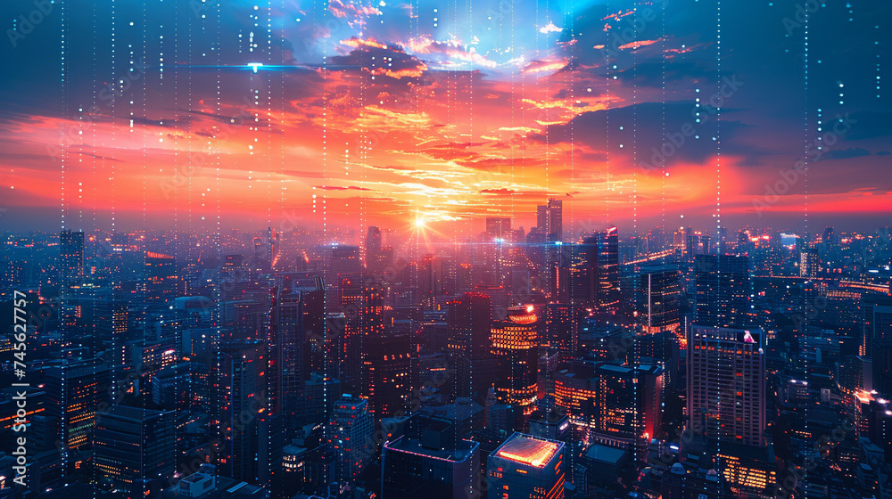 Fototapeta premium Futuristic skyline with hovering ads for next gen investment firms