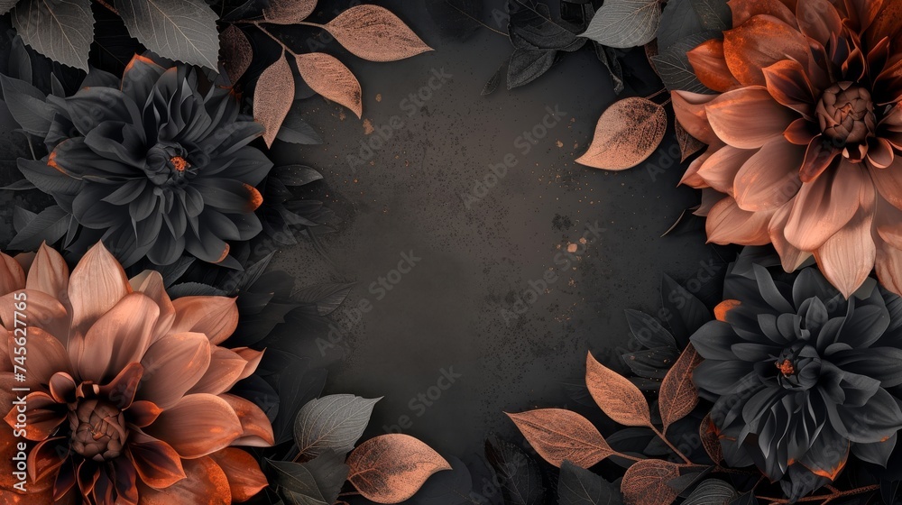 Textured black background with copper flowers and leaves, Vintage copper flowers and leaves on a grunge black background, Copper and black dahlia flowers and leaves, Copy space for text Textured black background with copper flowers and leaves, Vintage copper flowers and leaves on a grunge black background, Copper and black dahlia flowers and leaves, Copy space for text