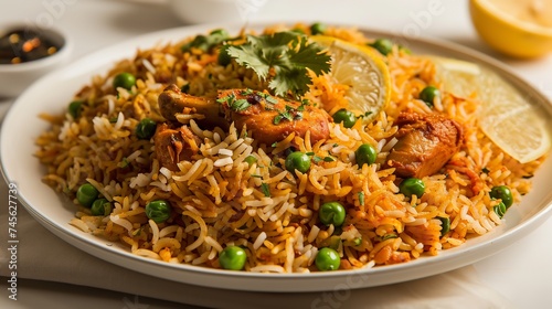 Chicken Biryani with Green Peas and Lemon on White.