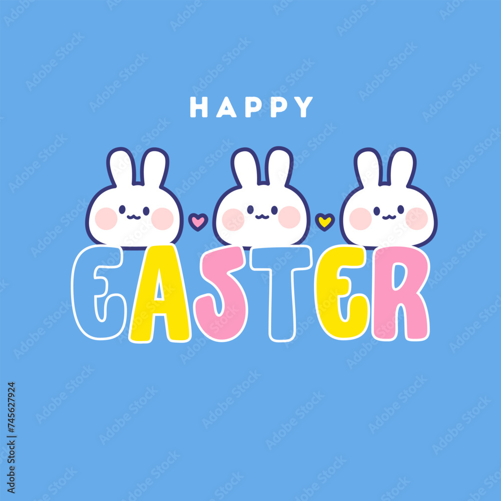 Happy easter vector illustration with cute bunny cartoons on text decoration. Isolated on blue background. For greeting card, banner, poster, web background on postcard. Happy easter vector illustration with cute bunny cartoons on text decoration. Isolated on blue background. For greeting card, banner, poster, web background on postcard.