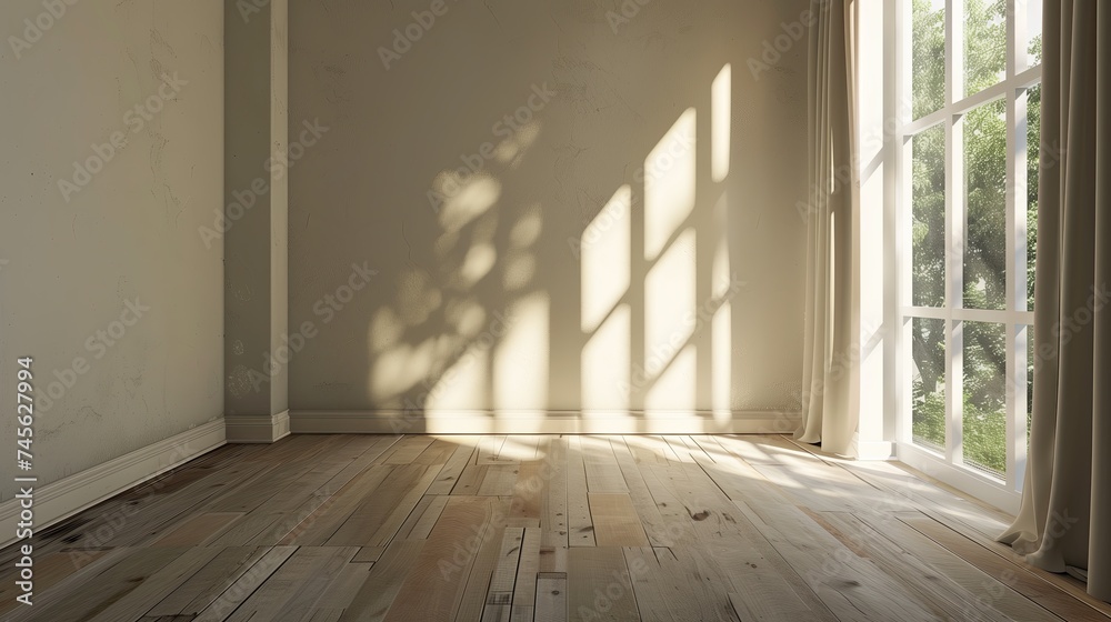 Empty Room With Natural Sunlight Diffusing Through Window Causing Shadows on The Wall And Wooden Floor