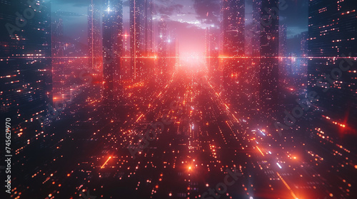 Glimmering starfield over a dreamy neon lit futuristic cityscape