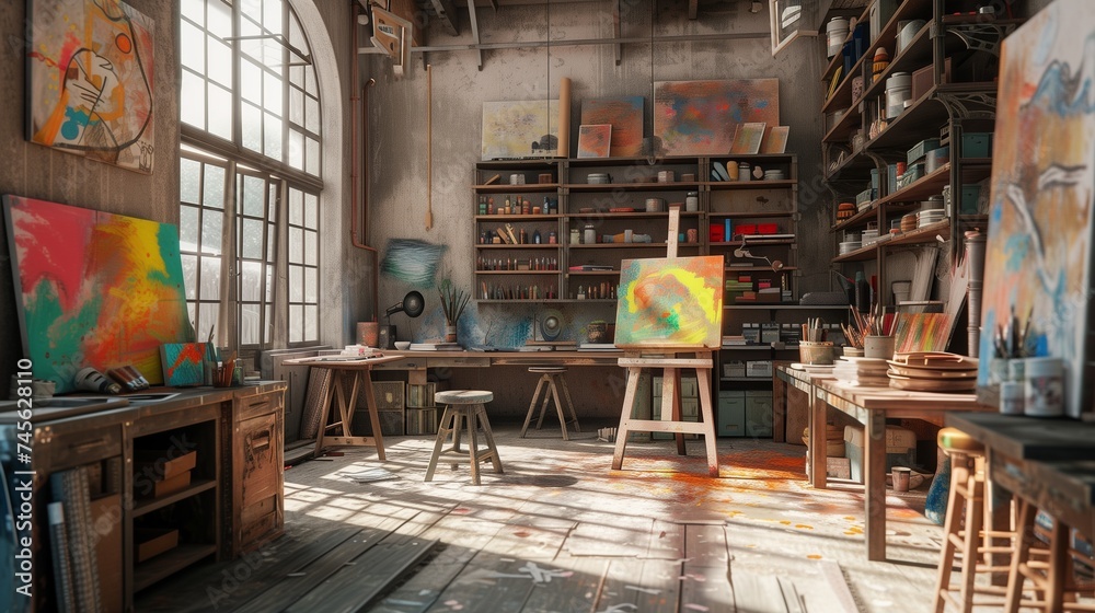 A vibrant art studio filled with natural light, splashes of color on canvases, and shelves brimming with supplies waiting to inspire creativity.