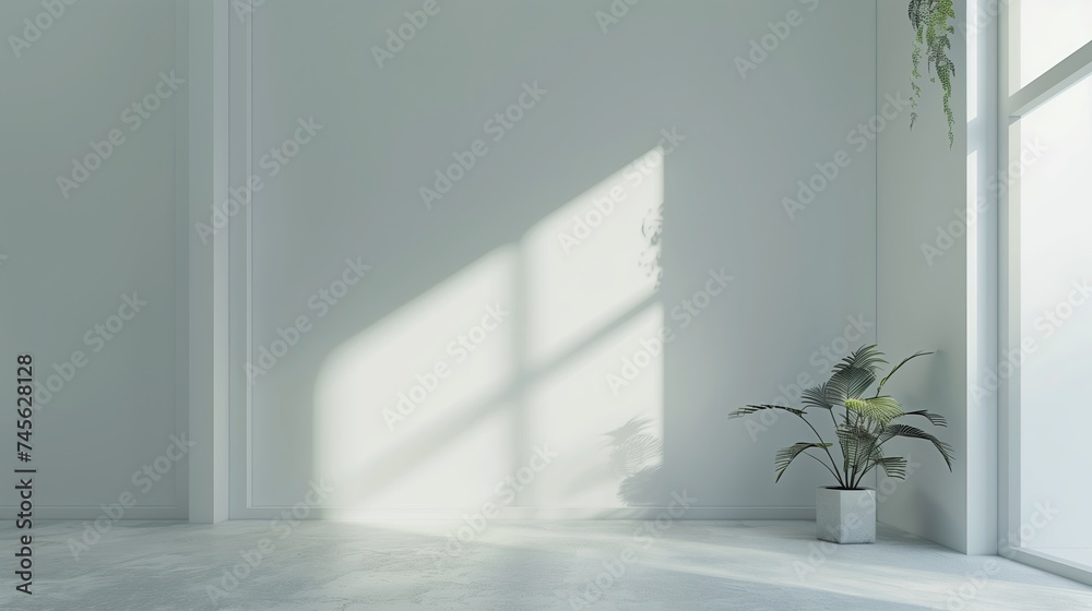 A tender plant in white vase in a minimalistic Interior empty space with rays of light coming through the window A tender plant in white vase in a minimalistic Interior empty space with rays of light coming through the window