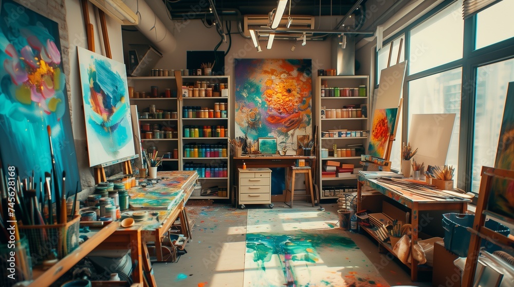 A vibrant art studio filled with natural light, splashes of color on canvases, and shelves brimming with supplies waiting to inspire creativity.