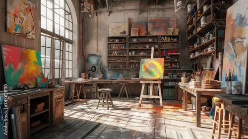A vibrant art studio filled with natural light, splashes of color on canvases, and shelves brimming with supplies waiting to inspire creativity. © Ayesha