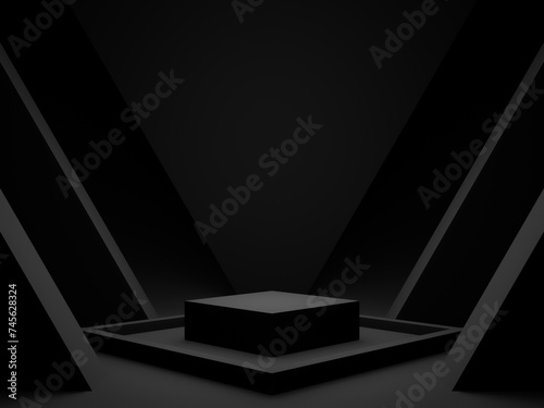 3D render black background. Dark room geometric podium.