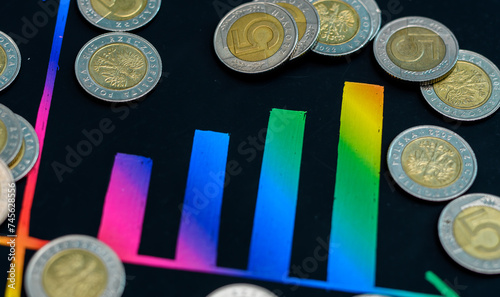 Monety 5 pln leżą obok kolorowego wykresu slupkowego