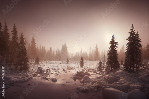 Festive winter forest. AI generated.