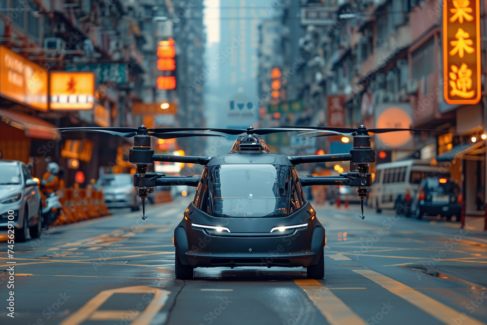 On demand autonomous flying taxis offering breathtaking city views during commutes - obrazy, fototapety, plakaty 