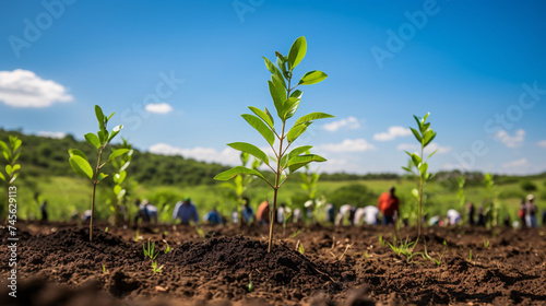 a group of people in a field with a young plant growing out of dirt