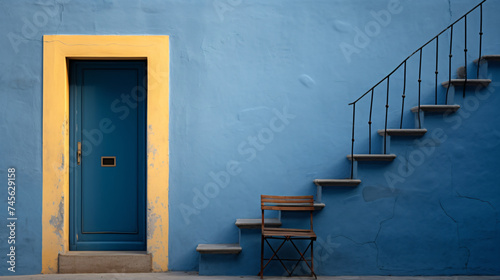 a blue door and stairs