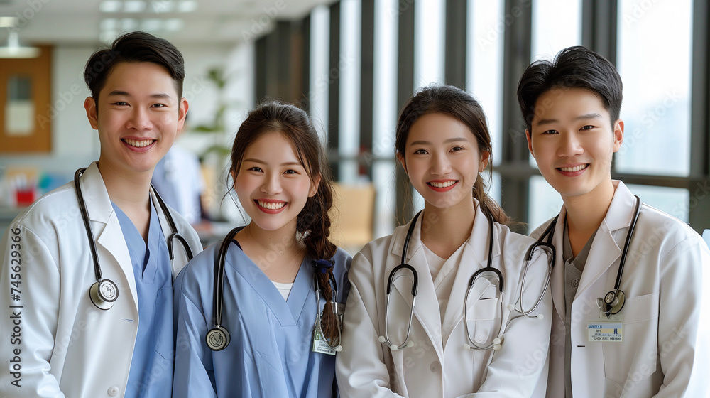 group of smiling Asian male doctors and smiling Asian female doctors standing together. set scene at modern meeting room on big glass windows background in noon at hospital. group of smiling Asian male doctors and smiling Asian female doctors standing together. set scene at modern meeting room on big glass windows background in noon at hospital.