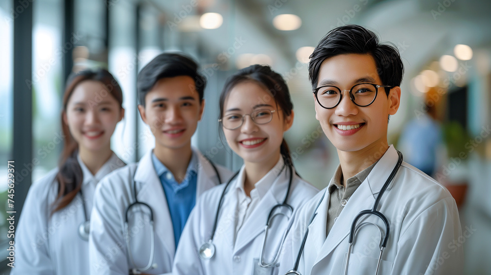group of smiling Asian male doctors and smiling Asian female doctors standing together. set scene at modern meeting room on big glass windows background in noon at hospital.