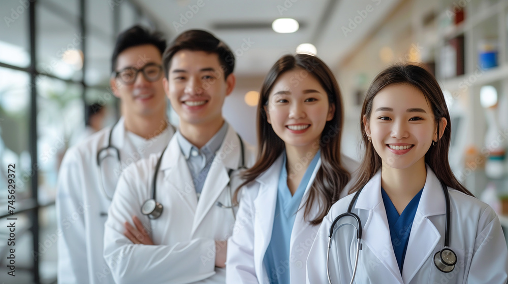group of smiling Asian male doctors and smiling Asian female doctors standing together. set scene at modern meeting room on big glass windows background in noon at hospital. group of smiling Asian male doctors and smiling Asian female doctors standing together. set scene at modern meeting room on big glass windows background in noon at hospital.