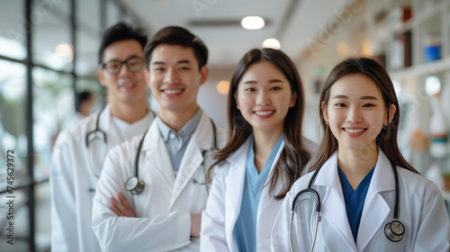 group of smiling Asian male doctors and smiling Asian female doctors standing together. set scene at modern meeting room on big glass windows background in noon at hospital.