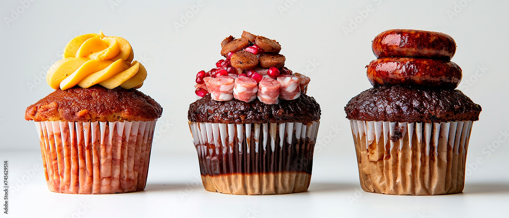 high quality photo of tall cupcakes made from different types of meat, sausages, in a row copy space high quality photo of tall cupcakes made from different types of meat, sausages, in a row copy space