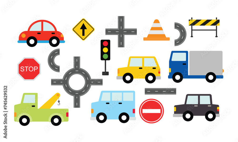 Collection of vehicles and traffic sign Collection of vehicles and traffic sign
