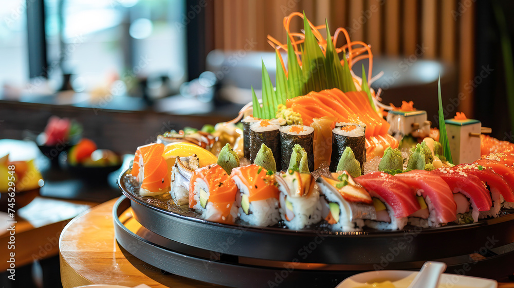 Japanese cuisine. Sushi set on a wooden plate.Generative AI