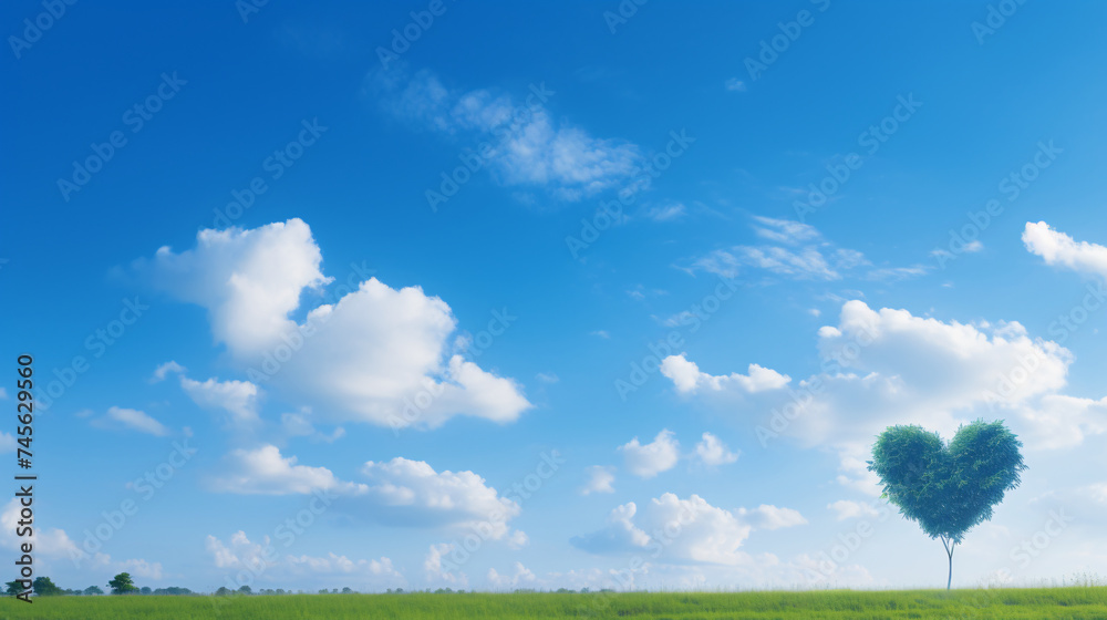 a blue sky with clouds and a green field - obrazy, fototapety, plakaty 