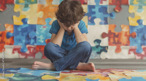 a autism child plying alone, symbols of international autism day photo