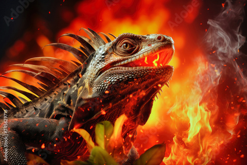 Close-up of an iguana near a forest fire, showing the animals escape from danger in the burning environment © Anoo