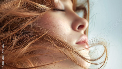 A woman stands with her hair flowing in the wind, showcasing movement and style