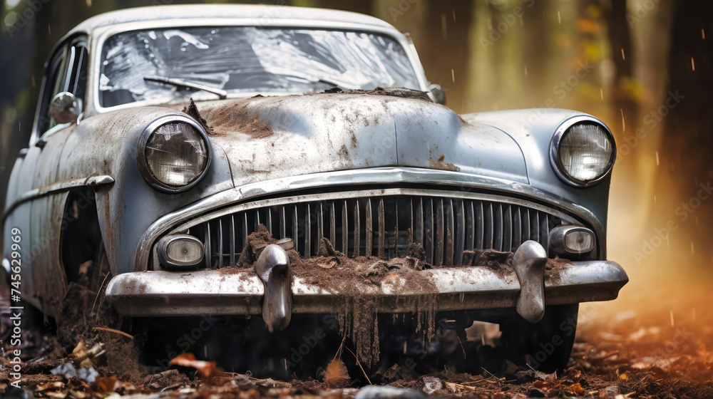 Abandoned Vintage Car in Forest Clearing