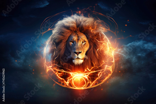 A lion standing calmly with a circle of fire surrounding it, showcasing strength and power