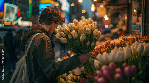 A young man holding a bouquet of tulips in a flower shop. #745629987
