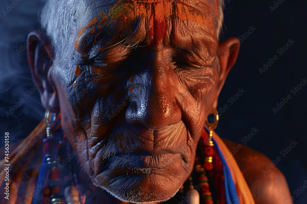 an old man with orange paint on his face