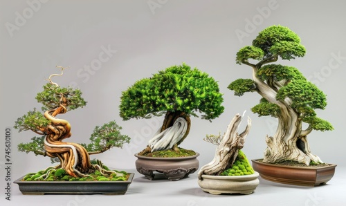 Set of bonsai Japanese trees grown in containers. Beautiful realistic tree.Generative AI