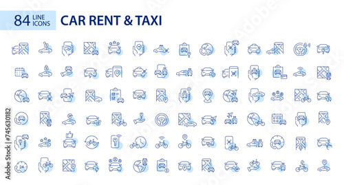 Vehicle rental services. Car rent, bicycle sharing app. Airport transfer and taxi. Pixel perfect vector icons