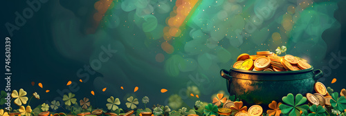 Banner with Pot of gold coins, clover leaves and rainbow. St. Patrick's day concept. Generative AI illustration photo