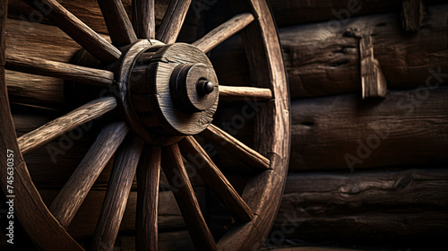 a wooden wheel on a log cabin