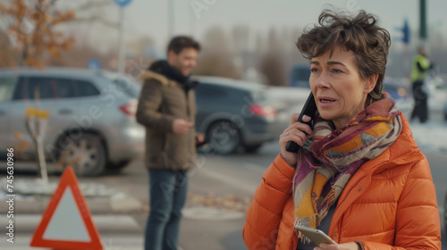 woman in an orange jacket speaking on the phone with a worried expression while a man in the background is also on his phone  both standing on a roadside with traffic cones and cars in the background.