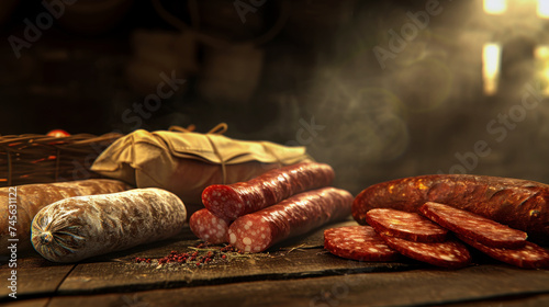 Assorted Sausages on Cloth, A Variety of Homemade, Smoked Sausages From a Farm Cellar