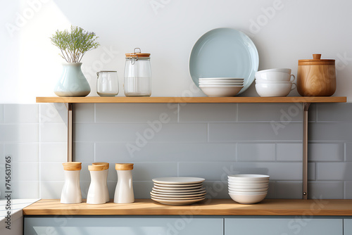 Kitchen shelves with utensils. 3d render illustration.