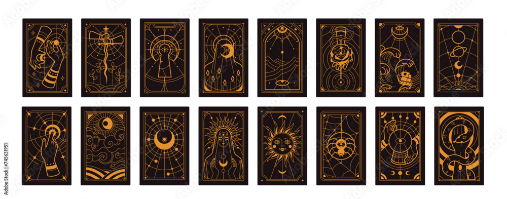 Tarot cards set. Magic mystic deck design, arcanas. Sacred esoteric symbols, occult celestial spiritual signs, patterns. Divination taro pack with sun, moon, eye. Flat graphic vector illustrations