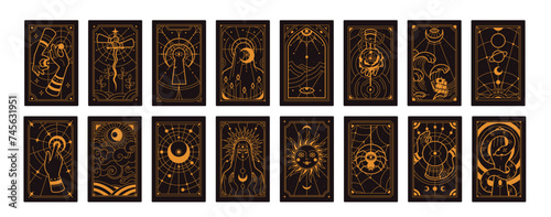 Tarot cards set. Magic mystic deck design, arcanas. Sacred esoteric symbols, occult celestial spiritual signs, patterns. Divination taro pack with sun, moon, eye. Flat graphic vector illustrations