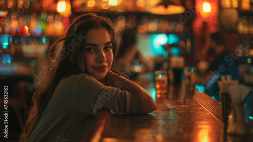 A pretty young woman posing at a bar